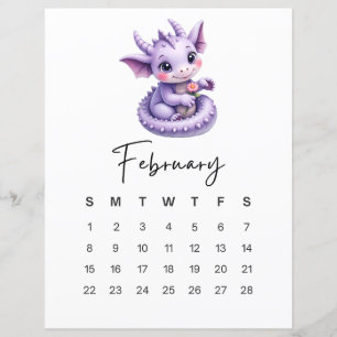 2月のベビードラゴン かわいいファンタジー月間カレンダー