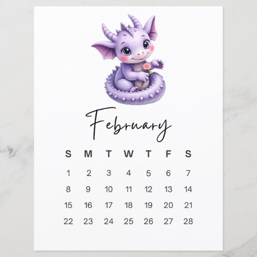 2月のベビードラゴン かわいいファンタジー月間カレンダー (正面)