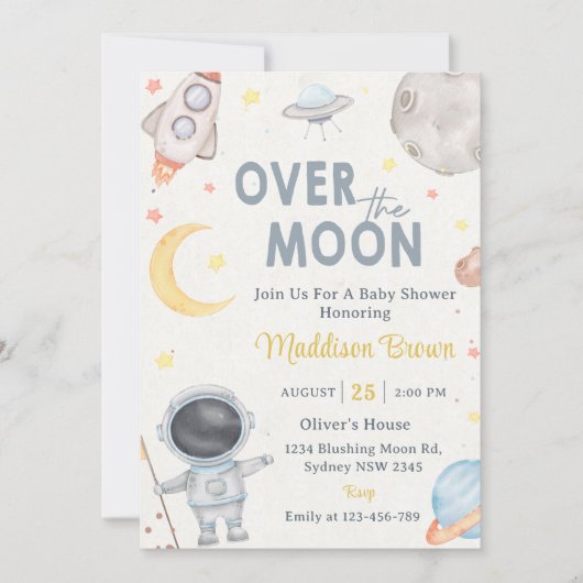 2月の外側スペースブルーベビーシャワーパーティー 招待状 (正面)