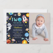 2月の外側スペースブルー2番目の誕生日パーティー 招待状 (正面)