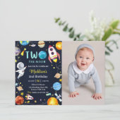 2月の外側スペースブルー2番目の誕生日パーティー 招待状 (スタンド正面)