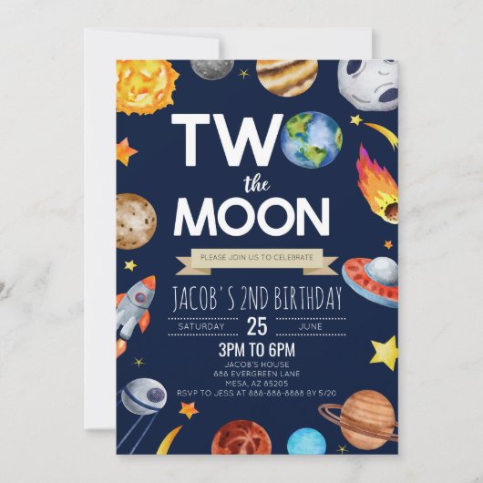 2月の外側スペースブルー2番目の誕生日パーティー 招待状 (正面)