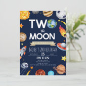 2月の外側スペースブルー2番目の誕生日パーティー 招待状 (スタンド正面)