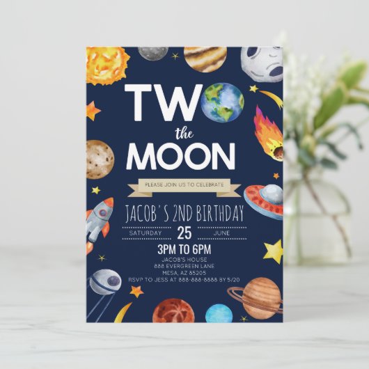 2月の外側スペースブルー2番目の誕生日パーティー 招待状 (スタンド正面)