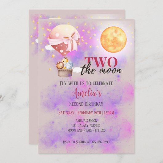 2月の女の子の動物バルーン2番目の誕生日 招待状 (正面/裏面)