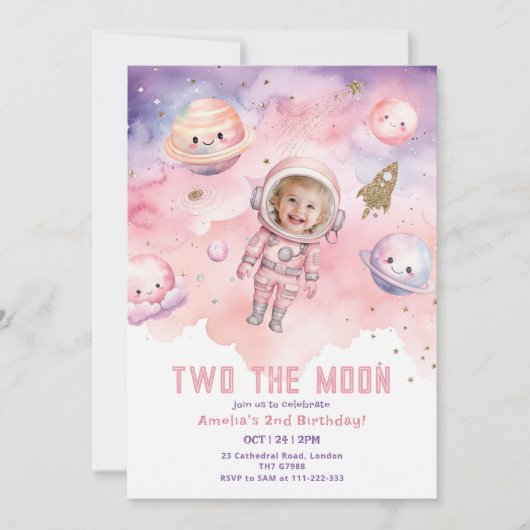 2月の宇宙の女の子の宇宙飛行士の誕生日 招待状 (正面)