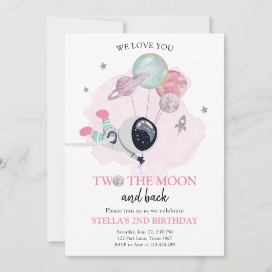 2月の宇宙飛行士宇宙女の子2歳の誕生日 招待状 (正面)
