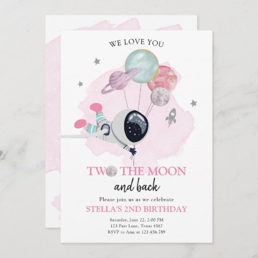 2月の宇宙飛行士宇宙女の子2歳の誕生日 招待状 (正面/裏面)