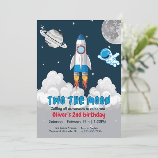 2月の男の子の宇宙ロケット2nd誕生日 招待状 (スタンド正面)