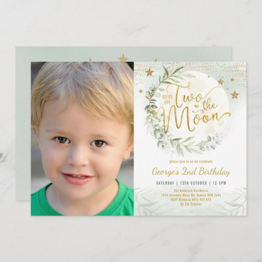 2月の緑の金ゴールドニュートラル2番目の誕生日イン 招待状 (正面/裏面)
