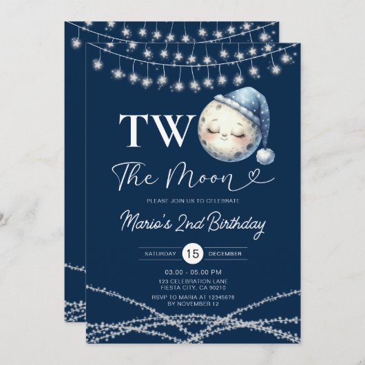 2月の誕生日パーティー文字列のライト 招待状 (正面/裏面)