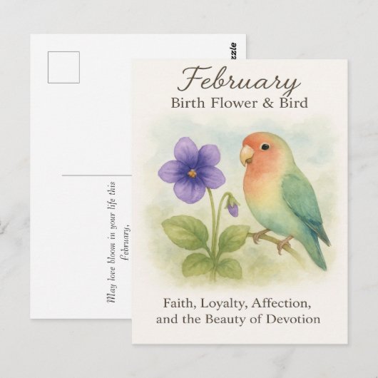 2月の誕生日 クリスチャン 花 愛の鳥 ポストカード (正面/裏面)