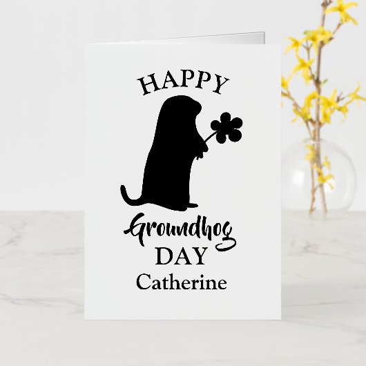 2月2日 | Happy Groundhogの日パーソナライズされた名 箔グリーティングカード (黄色い花)