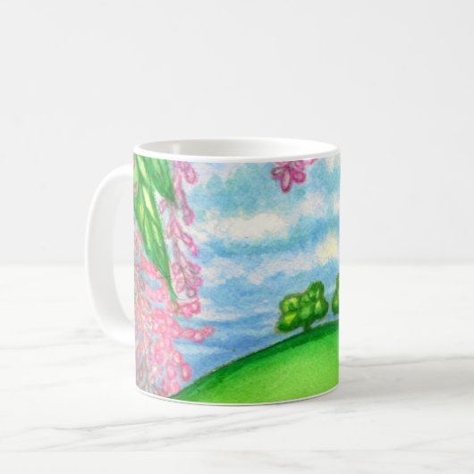 2本の木及びマカデミアの花の絵を描くこと コーヒーマグカップ (正面左)