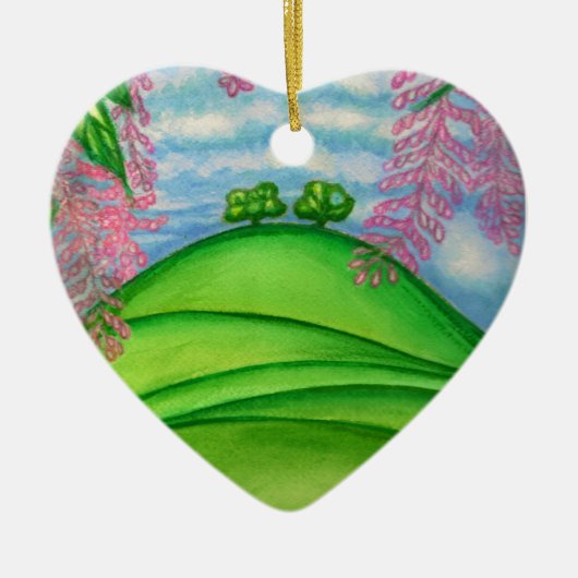 2本の木及びマカデミアの花の絵を描くこと セラミックオーナメント (正面)