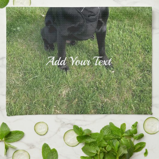 2本の棒を持つブラック・ラボの犬写真と名前 キッチンタオル (折り畳み)