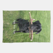 2本の棒を持つブラック・ラボの犬写真と名前 キッチンタオル (横)