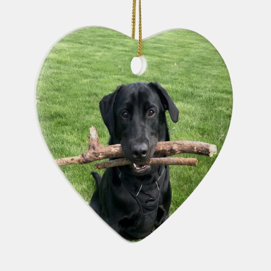 2本の棒を持つブラック・ラボの犬写真 セラミックオーナメント (右)