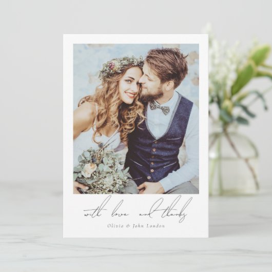 2枚のエレガントフォトスクリプトのミニマル結婚リスト サンキューカード (スタンド正面)