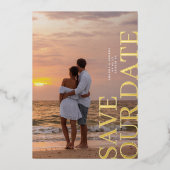 2枚のエレガント写真結婚の金ゴールドが日付を保存 箔招待状 (正面)