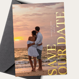 2枚のエレガント写真結婚の金ゴールドが日付を保存 箔招待状