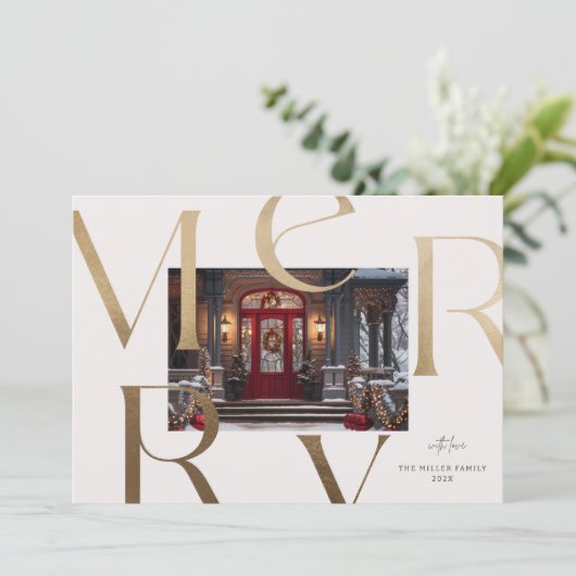 2枚のカスタム写真金ゴールドメリータイポグラフィ 招待状 (スタンド正面)
