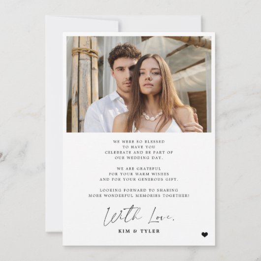 2枚のシンプルフォトスモダンクリプトハート結婚の サンキューカード (裏面)