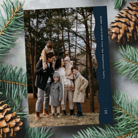 2枚のシンプル写真のウェーブエッジのネイビーのクリスマス シーズンカード