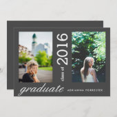 2枚のシンプル写真をチャーコールブラックで卒業 招待状 (正面/裏面)