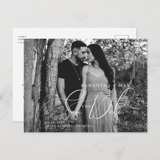 2枚のシンプルB/W写真のカップル日付を保存 ポストカード (正面/裏面)