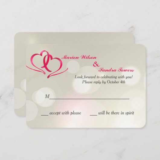 2枚のハート統一された・レスポンス・カード 招待状 (正面/裏面)