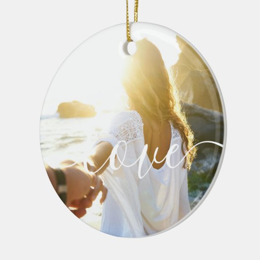 2枚のパーソナライズされた写真とスクリプト文字ラブ セラミックオーナメント (左)