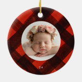 2枚のフォトクリスマスレッド色彩の鮮やかブラックプレイド セラミックオーナメント (裏面)