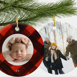 2枚のフォトクリスマスレッド色彩の鮮やかブラックプレイド セラミックオーナメント