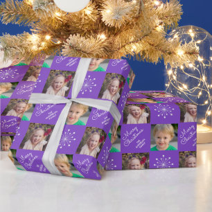 2枚のフォトコラージュパープルメリークリスマス ラッピングペーパー
