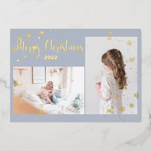 2枚のフォトスノーフレークスクリスマスフォト金ゴールドカード 箔シーズンカード (正面)