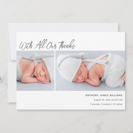2枚のフォトベビー誕生の統計情報ありがとう 案内状 (正面)