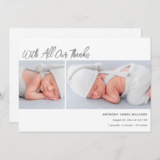 2枚のフォトベビー誕生の統計情報ありがとう 案内状 (正面/裏面)