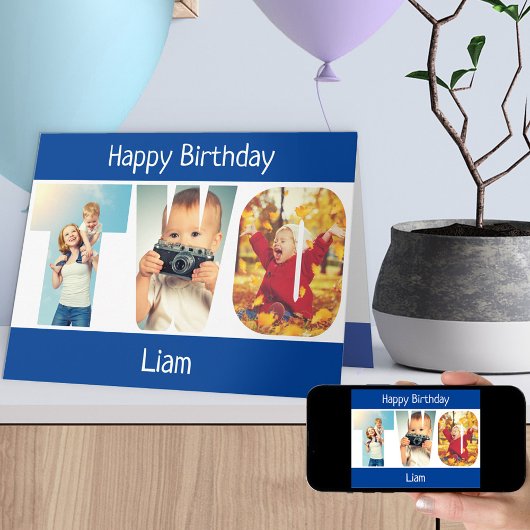 2枚のフォトレター青い男の子2nd誕生日カード カード