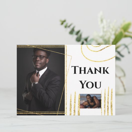 2枚のフォト金ゴールド抽象芸術図形をありがとうモダンございます サンキューカード (スタンド正面)