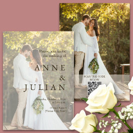 2枚のミニマル写真とQRコードを含む結婚式招待状 招待状