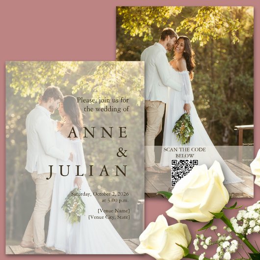 2枚のミニマル写真とQRコードを含む結婚式招待状 招待状
