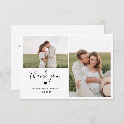 2枚のミニマル写真をハートでスクリプ結婚ト サンキューカード (正面/裏面)
