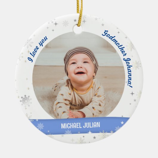 2枚のモダン写真男の赤ちゃん第1回クリスマスゴッドマザー セラミックオーナメント (正面)