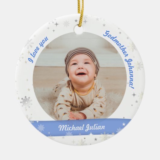 2枚のモダン写真男の赤ちゃん第1回クリスマスゴッドマザー セラミックオーナメント (正面)