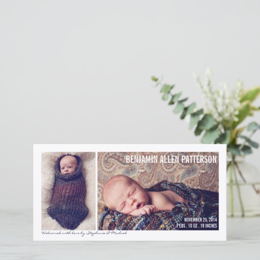 2枚のモダン写真男の赤ちゃん誕生のお知らせ 案内状 (スタンド正面)