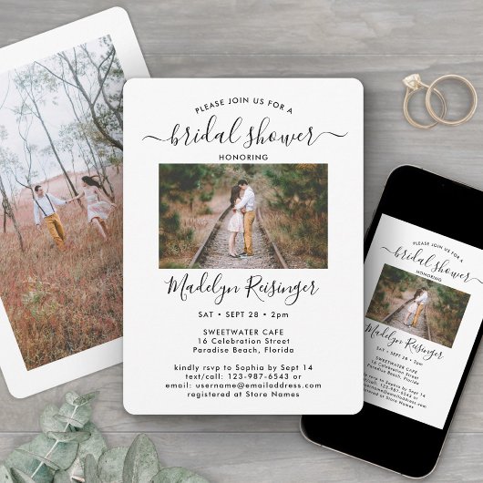 2枚の写真がついたエレガントなモダンカリグラフィーの花嫁のシャワー 招待状