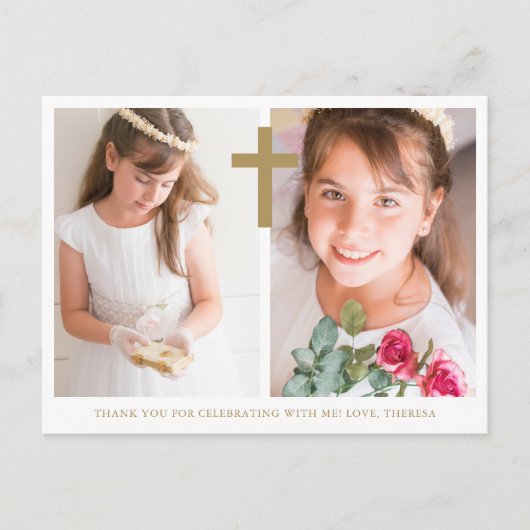 2枚の写真が交差する初めての聖体拝領のお礼 ポストカード (正面)