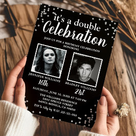 2枚の写真が入るブラックシルバー誕生日招待状 招待状