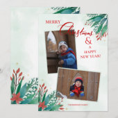 2枚の写真が入る水彩クリスマスカード - コーナーに花のデザイン シーズンカード (正面/裏面)